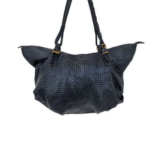 Elliott Lucca Black Basket Woven Leather Shoulder Bag Dual Handles Zip Closer - Picture 12 of 12